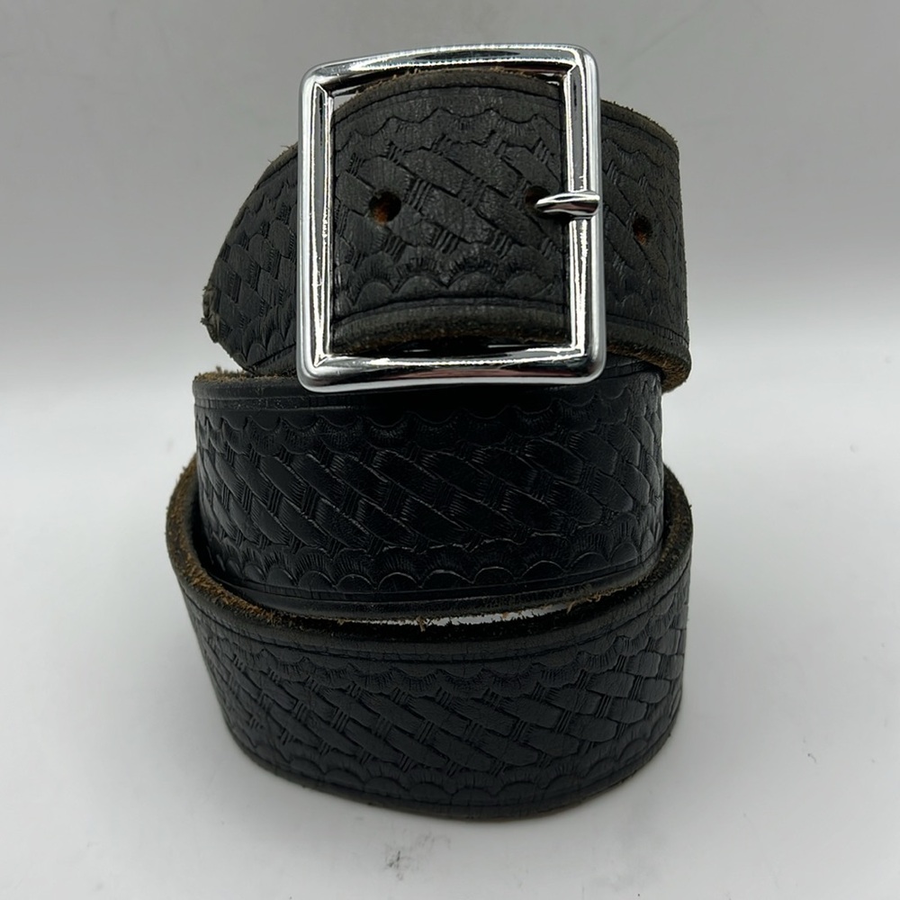 Boston Black Leather Belt Silver Buckle Woven Braided Mens 34